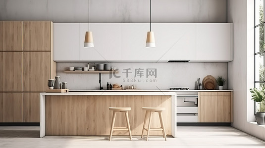 带木质装饰的极简主义阁楼厨房，白色 3D 渲染