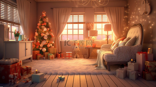 节日假期天堂装饰精美的圣诞房间的 3D 渲染