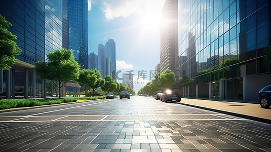 城市道路背景背景图片_路边街景背景下办公建筑的 3D 渲染