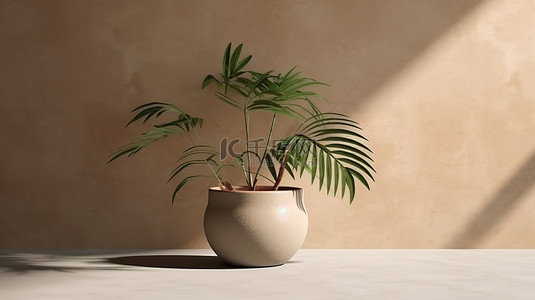 绿色盆栽背景图片_热带树影产品放置 3D 渲染，以米色混凝土背景为特色的绿色盆栽和树枝