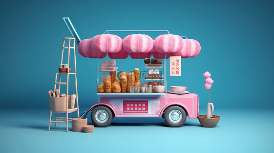 粉红色亚洲街头食品肉丸面车，配有双色调风格的椅子，蓝色背景 3D 渲染