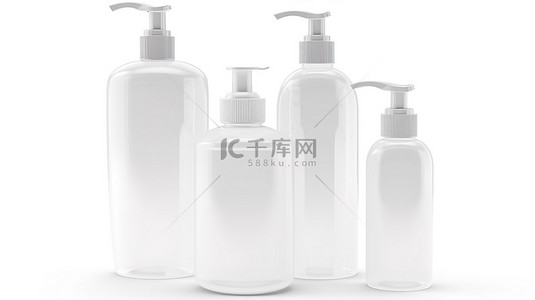 白色保健品背景图片_在白色透明塑料瓶上隔离，带有 3d 渲染的洗发水泵