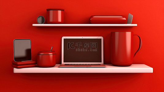 以 3D 插图显示笔记本电脑手机和平板电脑的红墙架