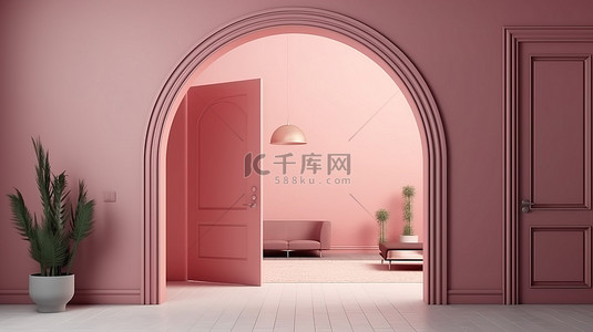 白色背景房间中粉色开门入口的简约室内理念 3D 渲染