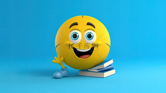 读书背景图片_3D 渲染的蓝书吉祥物在充满活力的黄色背景上运球