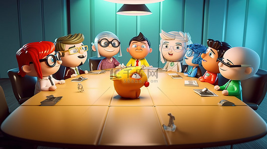 3D动画中的卡通人物同事在会议上愉快地讨论业务
