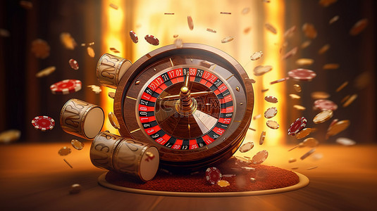 在线赌场的真实 3D 老虎机，带有轮盘飞筹码和金色背景的骰子