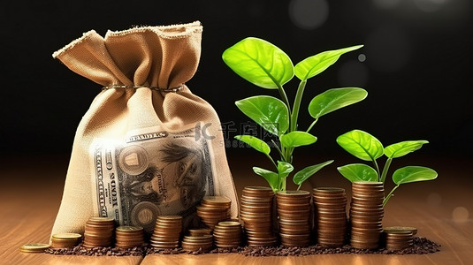 束口钱袋背景图片_钱袋和喷壶是财富增长3D渲染金融投资的象征