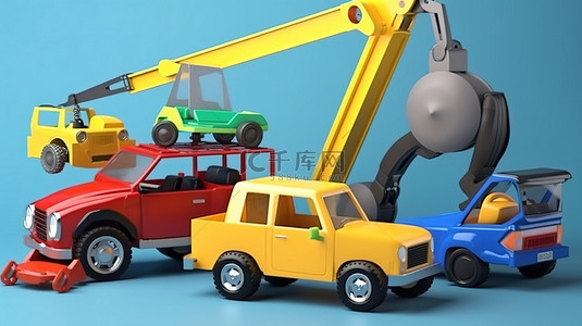 儿童玩具汽车背景图片_多彩多姿的 3D 儿童玩具，配有汽车吉普车敞篷自卸卡车和起重机