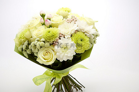 白色背景上的一束鲜花和“祝你生日快乐”一词