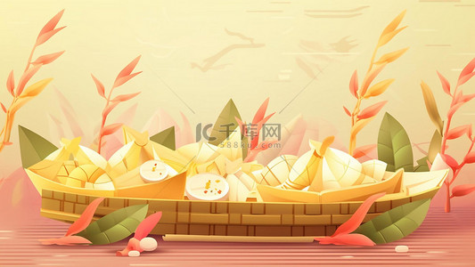 传统美食插画粽子背景图片_端午节粽子美食粽叶