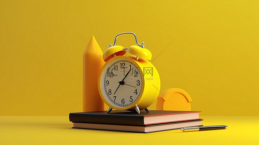 教育主题的 3d 插图，带有一个黄色闹钟，一堆书和一支铅笔，用于您的设计模型