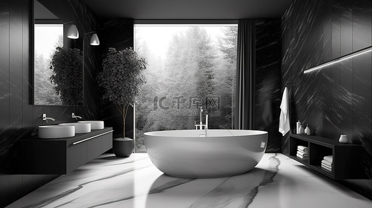 优雅的浴室设计，采用黑色大理石和白色水泥，奢华风格 3D 渲染