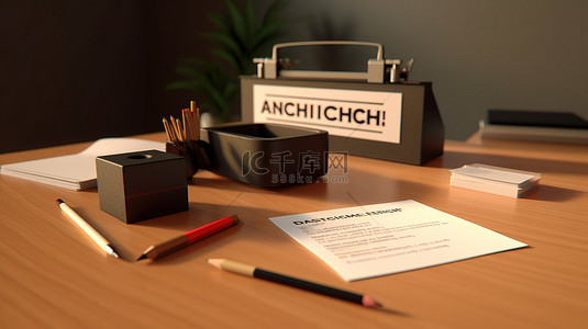 建筑师的办公桌办公用品橡皮图章和名片的 3D 插图