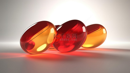 充满活力的 3D 艺术品四重奏红色和橙色胶囊放置在带有阴影的白色表面上