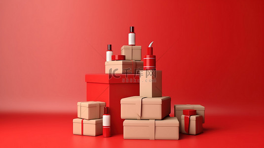 瓶背景图片_红色购物盒讲台上展示化妆品瓶，周围是一堆纸板礼盒 3D 渲染