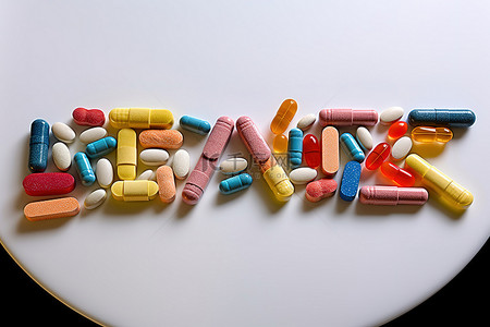 饮食背景图片_不同颜色的维生素和药物排列成“饮食”一词的形状