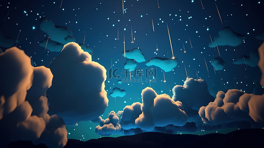 垂直的夜空与 3d 卡通云和星星