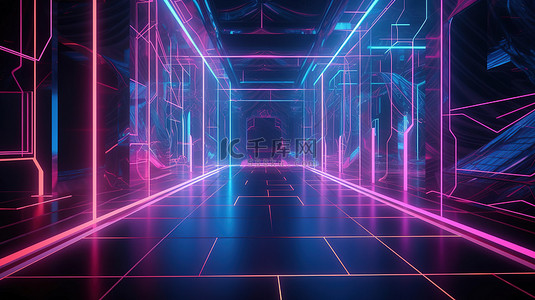地板背景图片_3d 渲染科幻背景中的未来主义霓虹灯线框地板和发光柱