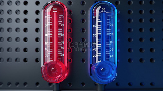 温度温暖背景图片_在任何天气下调节空调 3D 渲染明亮背景下蓝色和红色温度计的全景图像