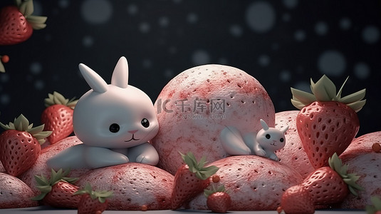 卡哇伊兔子在月球上休息，以宁静的摇篮曲为主题，周围环绕着 3D 渲染的多汁草莓
