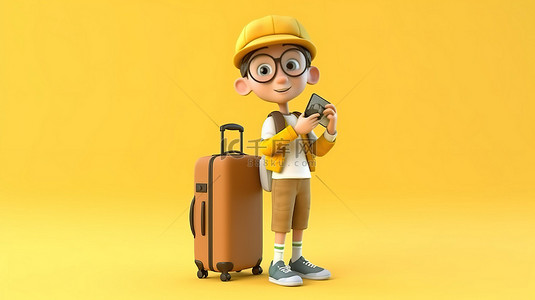 带着黄色手提箱和智能手机的数字旅游3D卡通人物