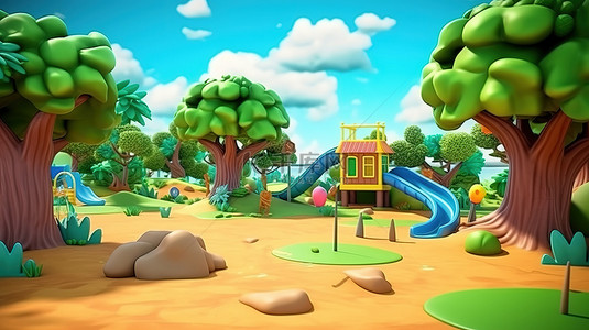 以 3D 呈现的公园自然景观游乐场的卡通场景
