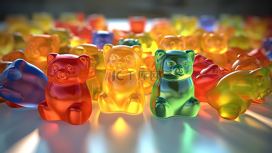 注入果味软糖的彩色果冻豆熊的 3D 渲染