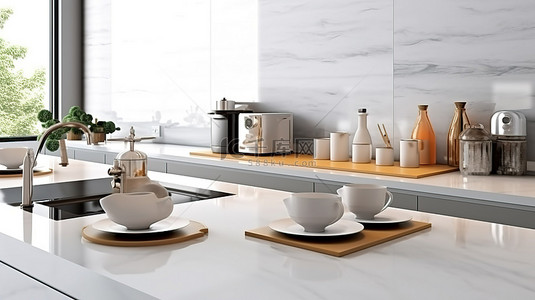 厨房背景背景图片_小厨房的 3D 渲染，配有工作台水槽炉灶和厨房用具