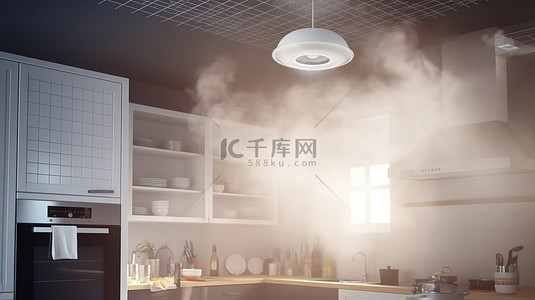 天花板上的厨房烟雾探测器 3d 渲染可见烟雾
