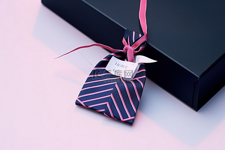 英语标签背景图片_附在带有礼品标签的礼品盒上的领结