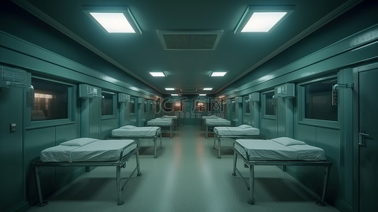 医院墙内险恶而怪异的太平间 3D 渲染等距插图