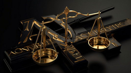 黑色背景上正义符号和钢笔的刻度，3D 插图中的创意律师标志设计