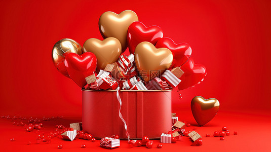 箔气球中闪闪发光的情人节字体，红色背景的开放盒子内有 3d 心锥和球