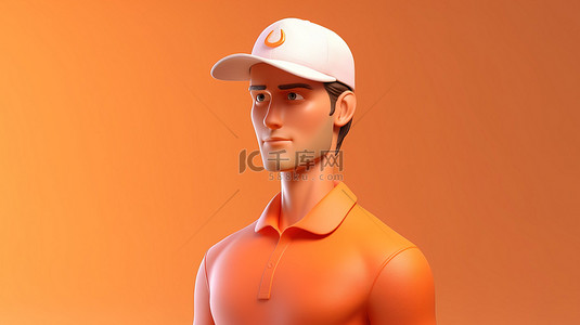 渲染的男性角色戴着奶油色帽子和橙色 Polo 衫，非常适合引人注目的角色形象