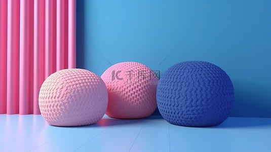蓝色房间里有各种粉红色坐垫，有足够的空间用于文本 3D 渲染