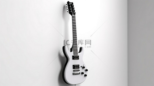 3D 渲染中靠在白墙上的单色六弦电吉他