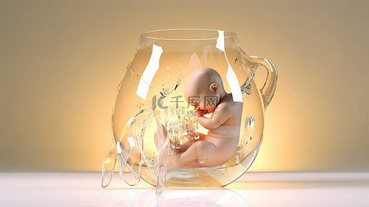 温馨的 3D 渲染，显示一位母亲在玻璃杯中照顾婴儿，周围环绕着心脏元素