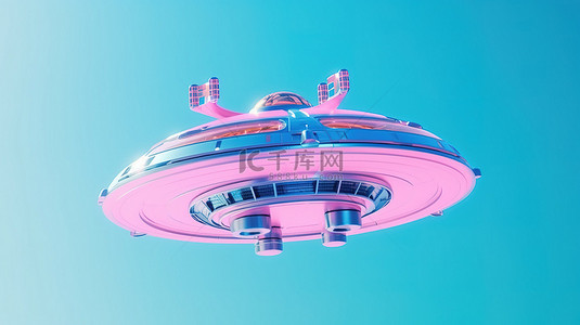 双色调风格粉色航天器蓝色背景外星不明飞行物或空间站的 3D 渲染