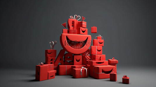 海报字体背景图片_喜庆的红色 3D 字体，带有欢快的表情符号涂鸦圣诞树，并在中性灰色背景上悬挂礼品盒
