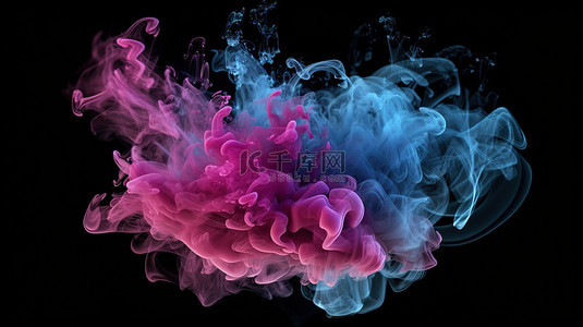 抽象 3D 插图蓝色和粉色的爆炸性烟雾在黑白背景上冻结在运动中