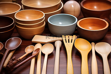 桌面上排列着彩色盆木勺子和筷子