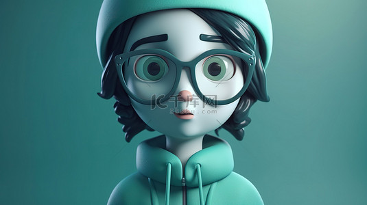 卡通可爱头像背景图片_青色高领和眼镜装饰可爱的 3D 女性角色头像