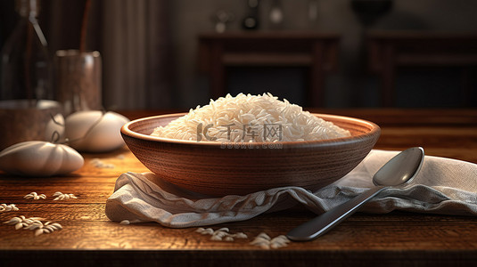 中国菜背景图片_在质朴的木桌上用白色陶瓷碗对印度香米进行美学描绘，配有木勺粗麻布餐巾和壮观的灯光和质感