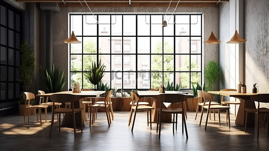 多功能家居背景图片_用于餐饮和工作的多功能办公室或咖啡厅空间的 3D 渲染
