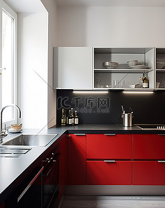 厨房背景图片_有红色柜台和橱柜的厨房