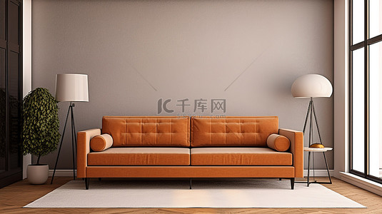 家庭背景图片_3D 渲染干净的背景现代客厅，正面是木地板上的棕色沙发