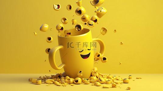 snapchat 主题黄色杯子在 3D 渲染中捕捉掉落的表情符号