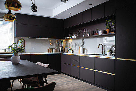 厨房背景图片_有白色柜台和黑色橱柜的小厨房