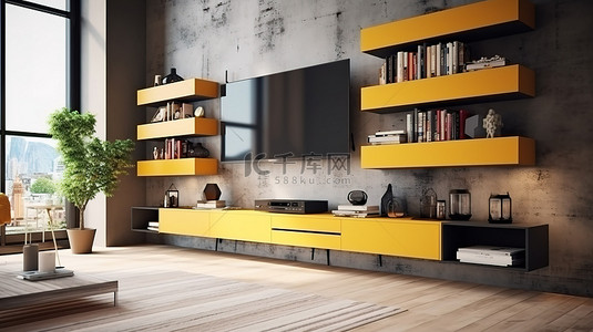 设计师背景图片_时尚的黄色设计师电视柜位于现代阁楼休息室，配有架子 3D 渲染